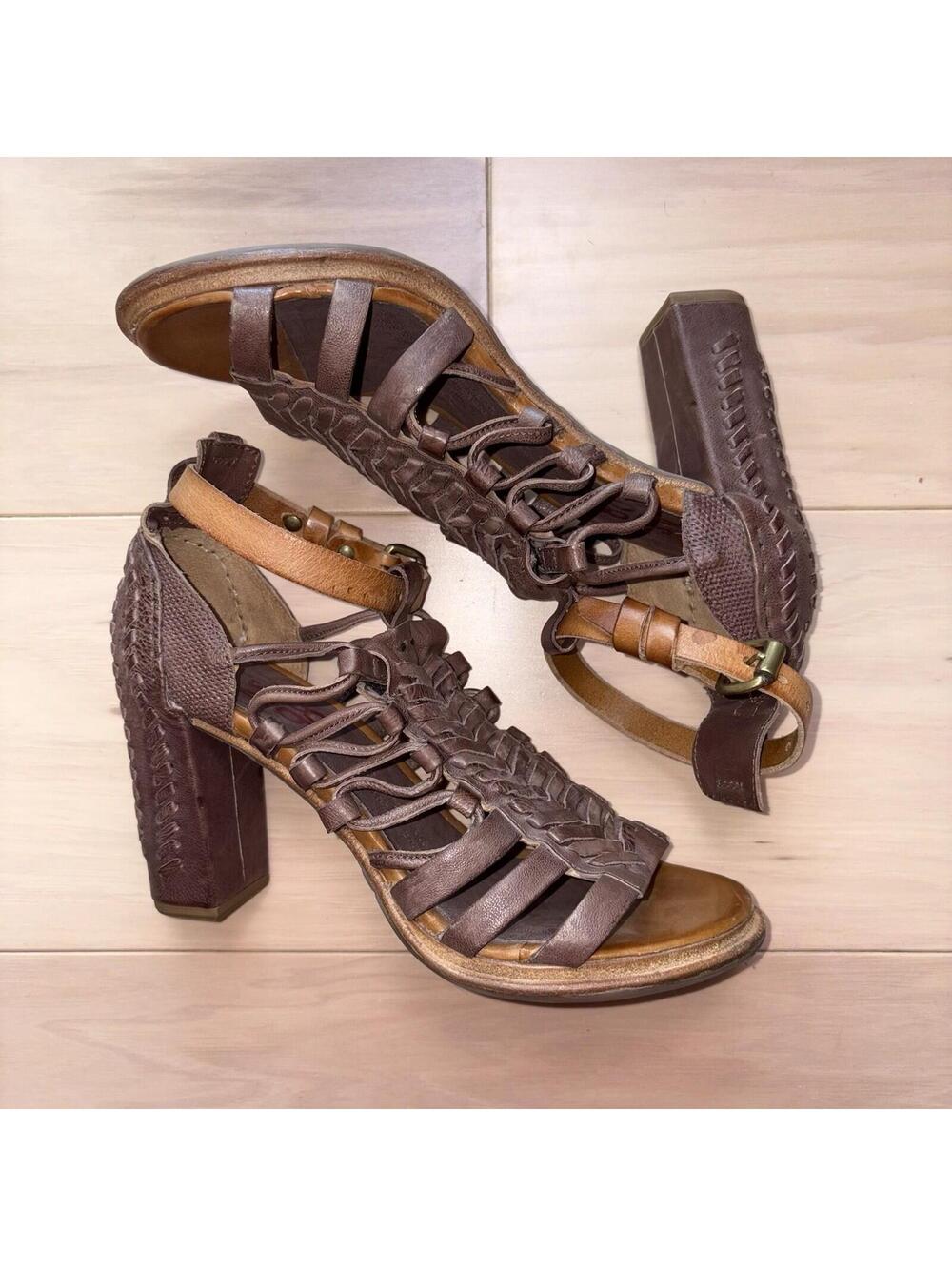 A.S.98 Brown Leather Strappy Block Heel Sandals Women’s Size 8 Buckle Boho - Picture 3 of 6